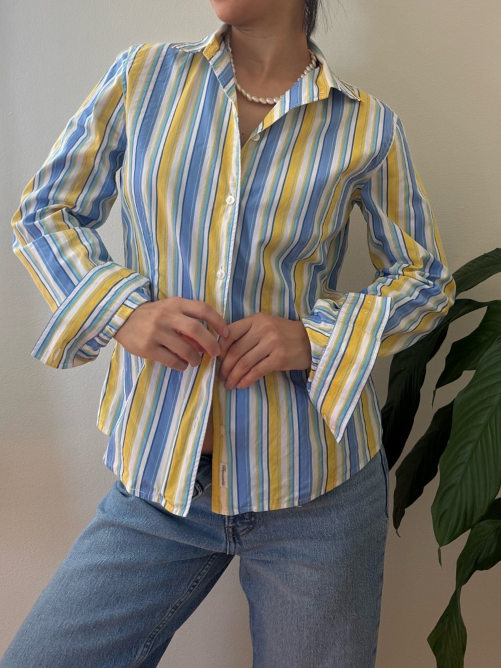 Vintage Faconnable 100% Cotton Blue Yellow Striped Preppy Women Shirt Size Small